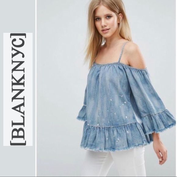 Blank NYC Tops - BlankNYC Top denim Cold shoulder Raw hem Ruffle S